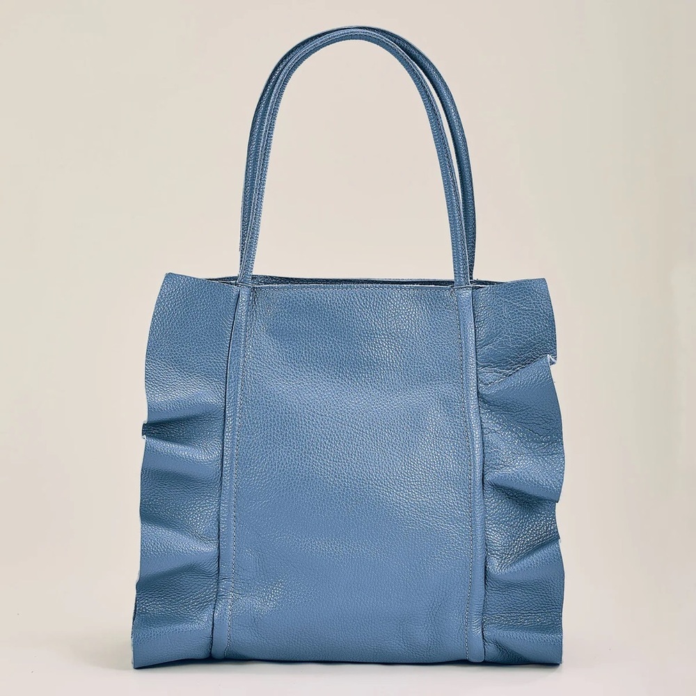 Italian Leather Bergamo Denim Blue Ruched Tote from Uno Alla Volta